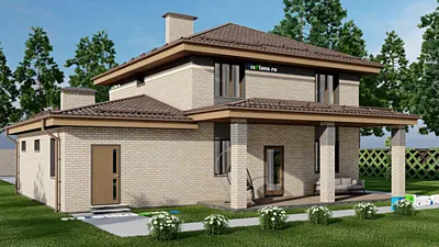 Проект двухэтажного дома 15 на 15, площадью 200 м² с террасой, балконом, гаражом на 1 машину и 6 спальнями — фасад 2