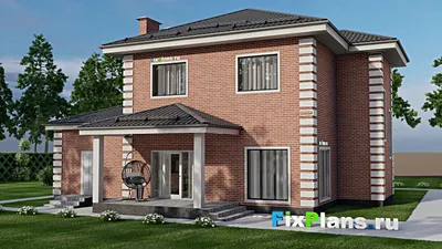 Проект двухэтажного дома 15 на 16, площадью 270 м² с террасой, балконом, гаражом на 2 машины и 4 спальнями — фасад 2