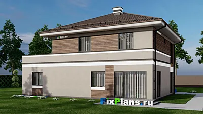Проект двухэтажного дома 13 на 17, площадью 300 м² с террасой, балконом, гаражом на 2 машины и 4 спальнями — фасад 2