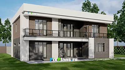 Проект двухэтажного дома 14 на 16, площадью 310 м² с террасой, балконом, гаражом на 1 машину и 4 спальнями — фасад 2