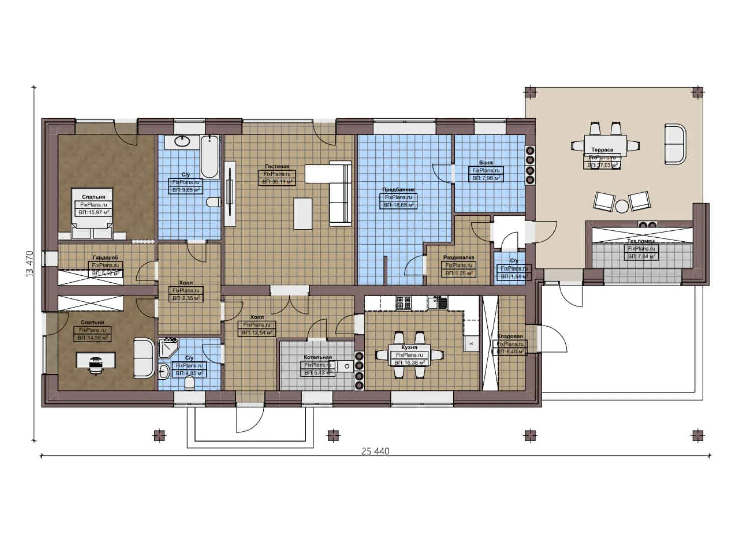 F-2681 - План одноэтажного дома 14 на 26, площадью 210 м² с террасой, баней и 2 спальнями