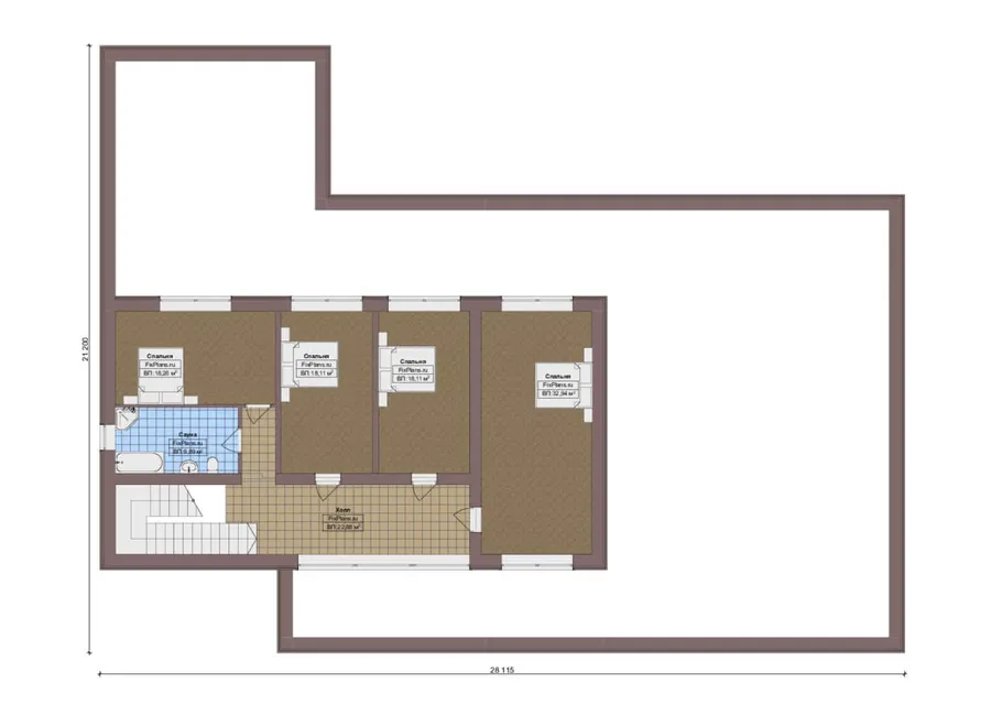 Проект двухэтажного дома 22 на 29, площадью 510 м² с террасой, баней, гаражом на 2 машины и 5 спальнями — 2-й этаж