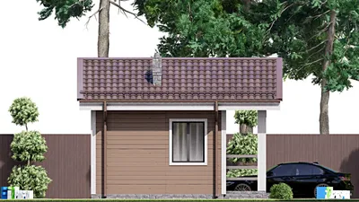 Проект бани 5 на 7, площадью 30 м² с комнатой отдыха и терассой — фасад 4