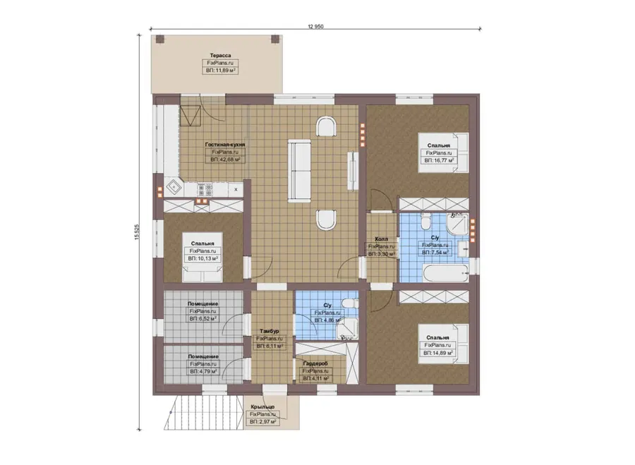 Проект двухэтажного дома 13 на 16, площадью 260 м² с террасой, цокольным этажом, гаражом на 1 машину и 3 спальнями — 2-й этаж