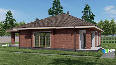 Проект одноэтажного дома 16 на 20, площадью 450 м² с террасой, гаражом на 2 машины и 6 спальнями — фасад 2
