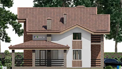 Проект дома с мансардой 14 на 22, площадью 270 м² с террасой, балконом, гаражом на 2 машины и 4 спальнями — фасад 4
