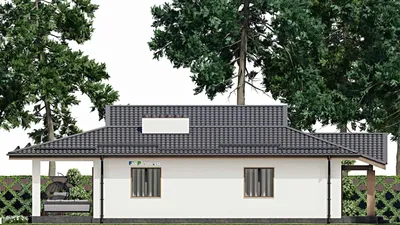 Проект одноэтажного дома 11 на 13, площадью 150 м² с террасой и 2 спальнями — фасад 4
