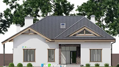 Проект дома с мансардой 18 на 18, площадью 340 м² с террасой, цокольным этажом и 3 спальнями — фасад 3
