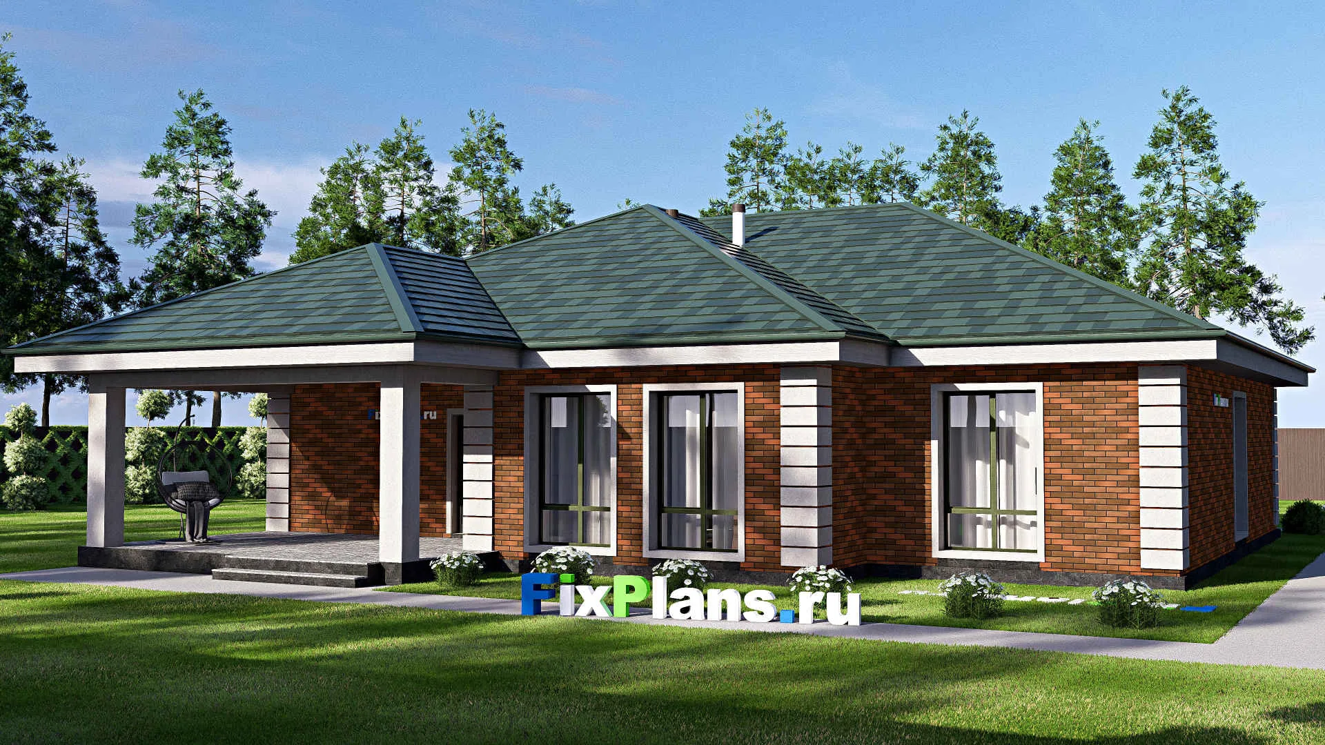 F-19421 - Проект одноэтажного дома 17 на 18, площадью 200 м² с террасой и 4 спальнями