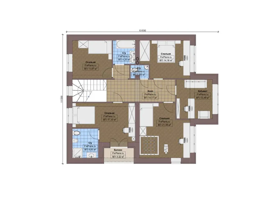 Проект двухэтажного дома 14 на 15, площадью 250 м² с террасой, балконом и 4 спальнями — 2-й этаж