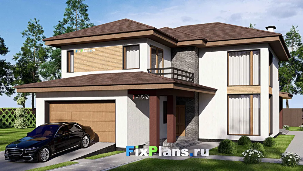 Проект двухэтажного дома 13 на 21, площадью 280 м² с террасой, балконом, баней, гаражом на 2 машины и 3 спальнями — фасад 1