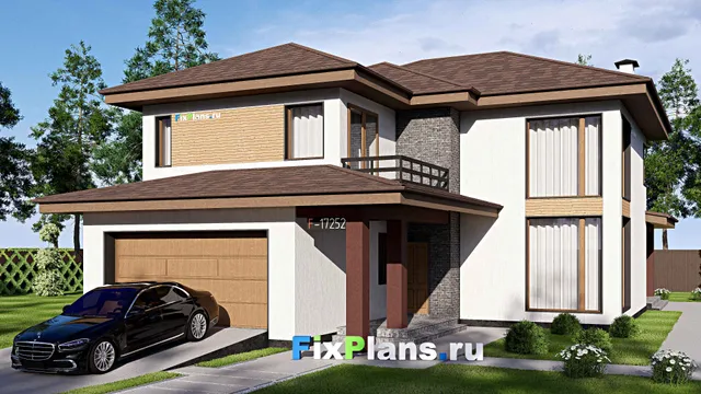 Проект двухэтажного дома 13 на 21, площадью 280 м² с террасой, балконом, баней, гаражом на 2 машины и 3 спальнями