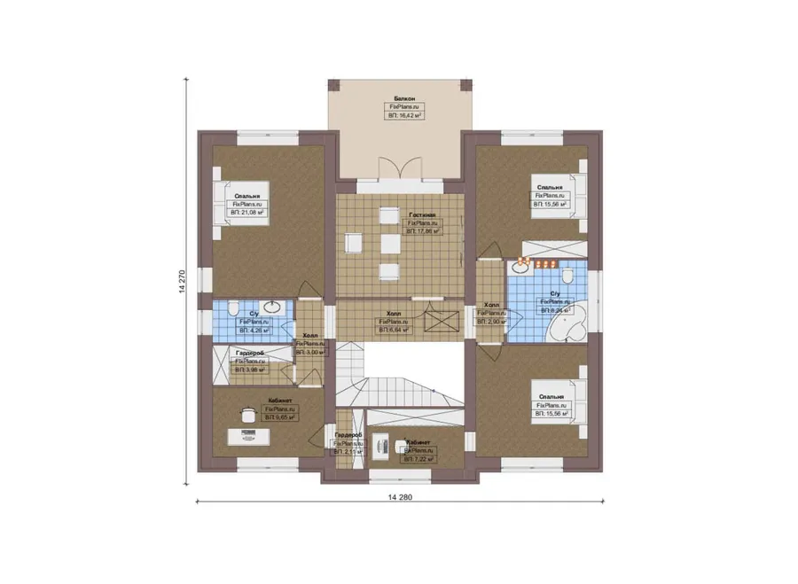 Проект двухэтажного дома 18 на 18, площадью 290 м² с террасой, балконом и 5 спальнями — 2-й этаж