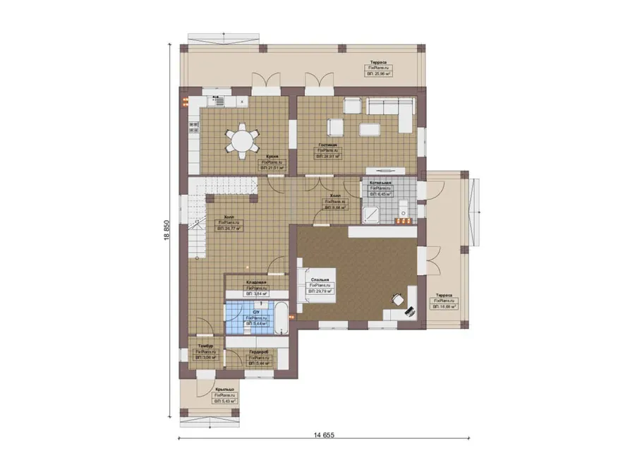 Проект двухэтажного дома 15 на 19, площадью 340 м² с террасой, балконом и 4 спальнями — 1-й этаж