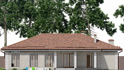 Проект одноэтажного дома 19 на 21, площадью 270 м² с террасой, цокольным этажом, баней, гаражом на 2 машины и 3 спальнями — фасад 6