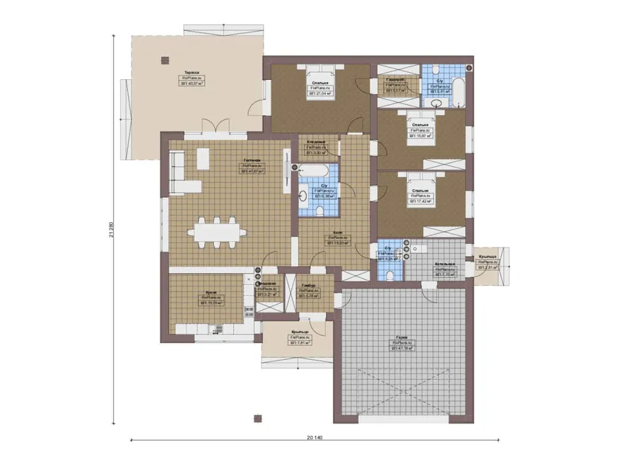 Проект одноэтажного дома 21 на 22, площадью 280 м² с террасой, гаражом на 2 машины и 3 спальнями — 1-й этаж