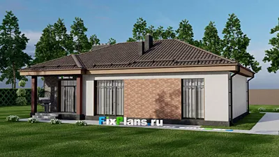 Проект одноэтажного дома 14 на 16, площадью 140 м² с террасой, гаражом на 1 машину и 3 спальнями — фасад 2