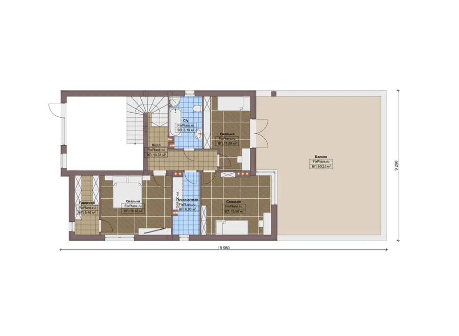Проект двухэтажного дома 11 на 24, площадью 280 м² с террасой, балконом, гаражом на 2 машины и 3 спальнями — 2-й этаж