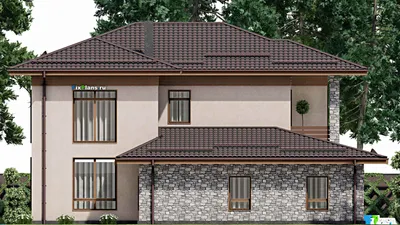 Проект двухэтажного дома 14 на 16, площадью 240 м² с балконом, гаражом на 1 машину и 4 спальнями — фасад 6
