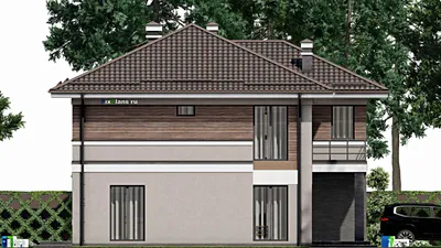 Проект двухэтажного дома 13 на 17, площадью 300 м² с террасой, балконом, гаражом на 2 машины и 4 спальнями — фасад 4