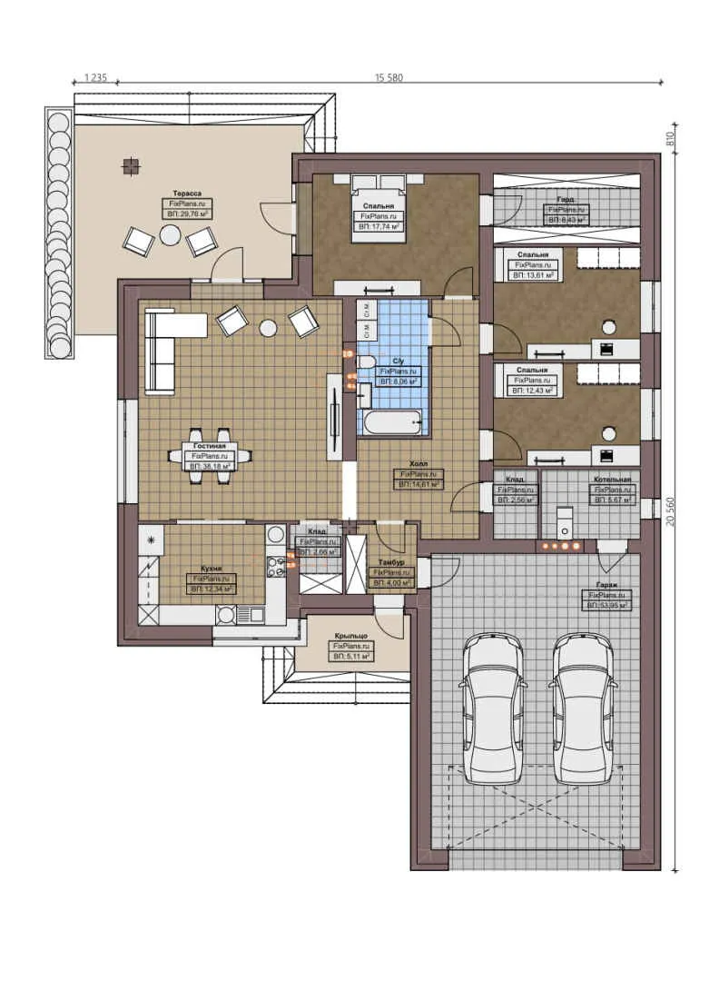 F-0647 - План одноэтажного дома 16 на 21, площадью 230 м² с террасой, гаражом на 2 машины и 3 спальнями