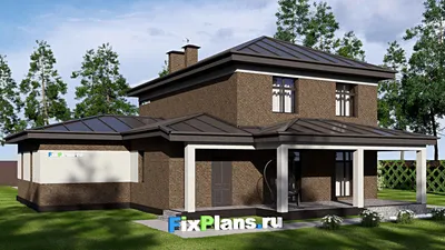Проект двухэтажного дома 17 на 18, площадью 250 м² с террасой, гаражом на 2 машины и 4 спальнями — фасад 2
