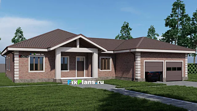 Проект одноэтажного дома 20 на 22, площадью 270 м² с террасой, гаражом на 2 машины и 4 спальнями