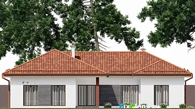 Проект одноэтажного дома 17 на 18, площадью 170 м² с террасой, гаражом на 1 машину и 3 спальнями — фасад 6