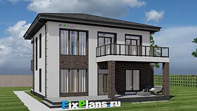 Проект двухэтажного дома 12 на 16, площадью 270 м² с террасой, балконом, гаражом на 1 машину и 4 спальнями — фасад 2