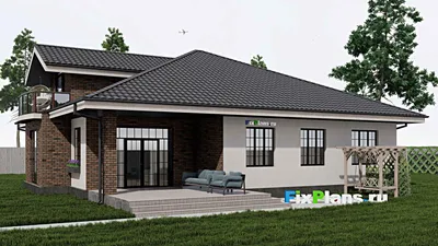 Проект дома с мансардой 15 на 17, площадью 250 м² с террасой, балконом, гаражом на 1 машину и 4 спальнями — фасад 2