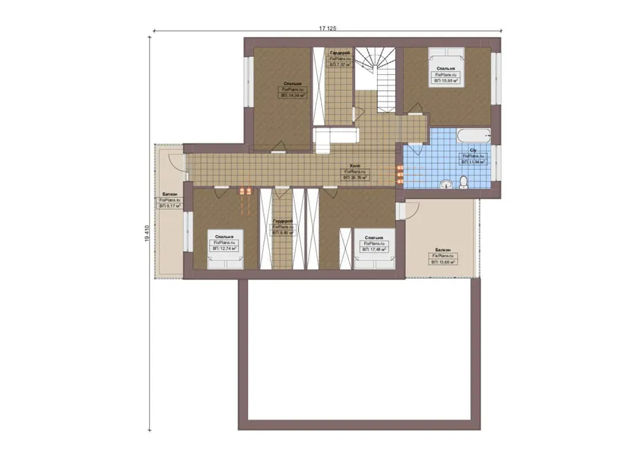 Проект двухэтажного дома 19 на 20, площадью 450 м² с террасой, балконом, гаражом на 2 машины и 5 спальнями — 2-й этаж