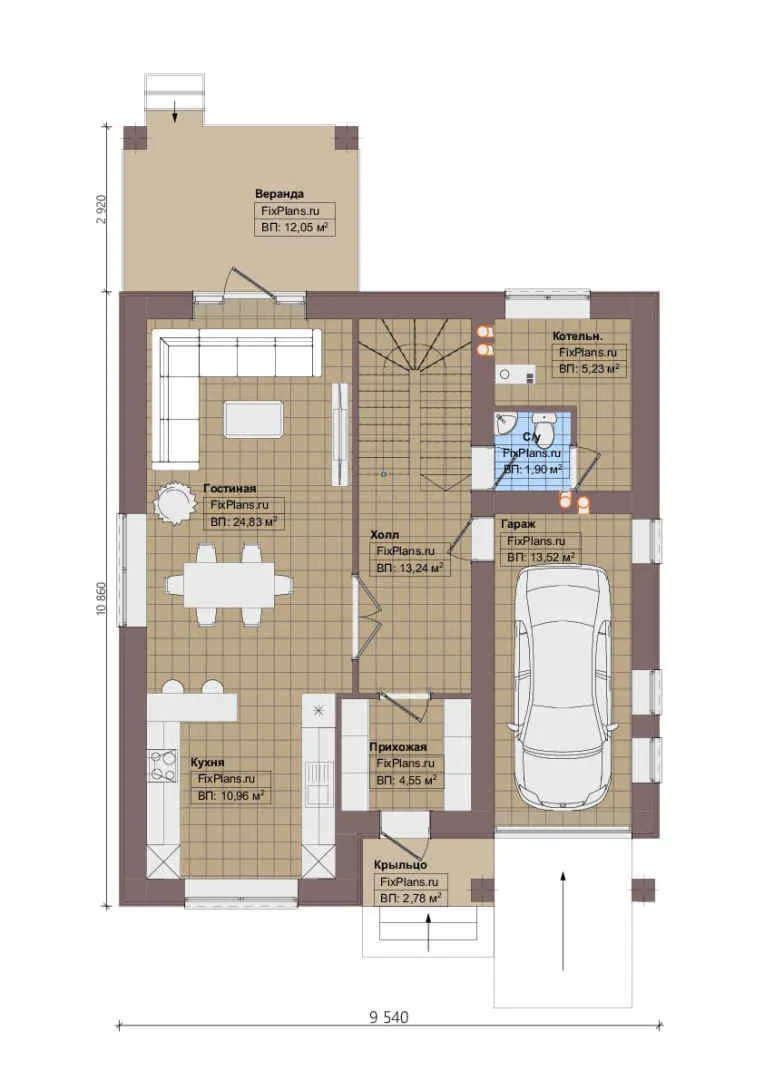 Проект двухэтажного дома 10 на 11, площадью 170 м² с террасой, балконом, гаражом на 1 машину и 4 спальнями — 1-й этаж