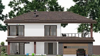 Проект двухэтажного дома 15 на 18, площадью 310 м² с террасой, баней, гаражом на 2 машины и 2 спальнями — фасад 3