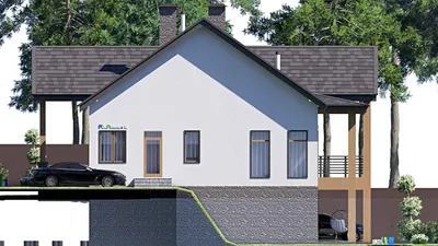 Проект двухэтажного дома 18 на 20, площадью 440 м² с террасой, цокольным этажом, гаражом на 1 машину и 3 спальнями — фасад 5