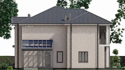 Проект двухэтажного дома 17 на 25, площадью 500 м² с террасой, балконом, гаражом на 2 машины и 4 спальнями — фасад 5