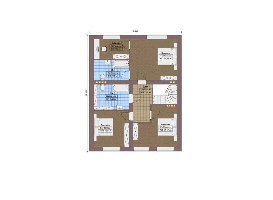 Проект дома с мансардой 14 на 16, площадью 260 м² с террасой, баней и 3 спальнями — 2-й этаж