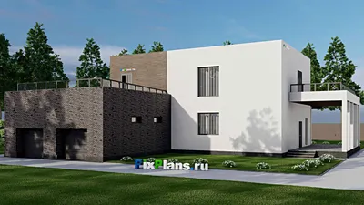 Проект двухэтажного дома 21 на 22, площадью 450 м² с террасой, баней, гаражом на 2 машины и 3 спальнями — фасад 2