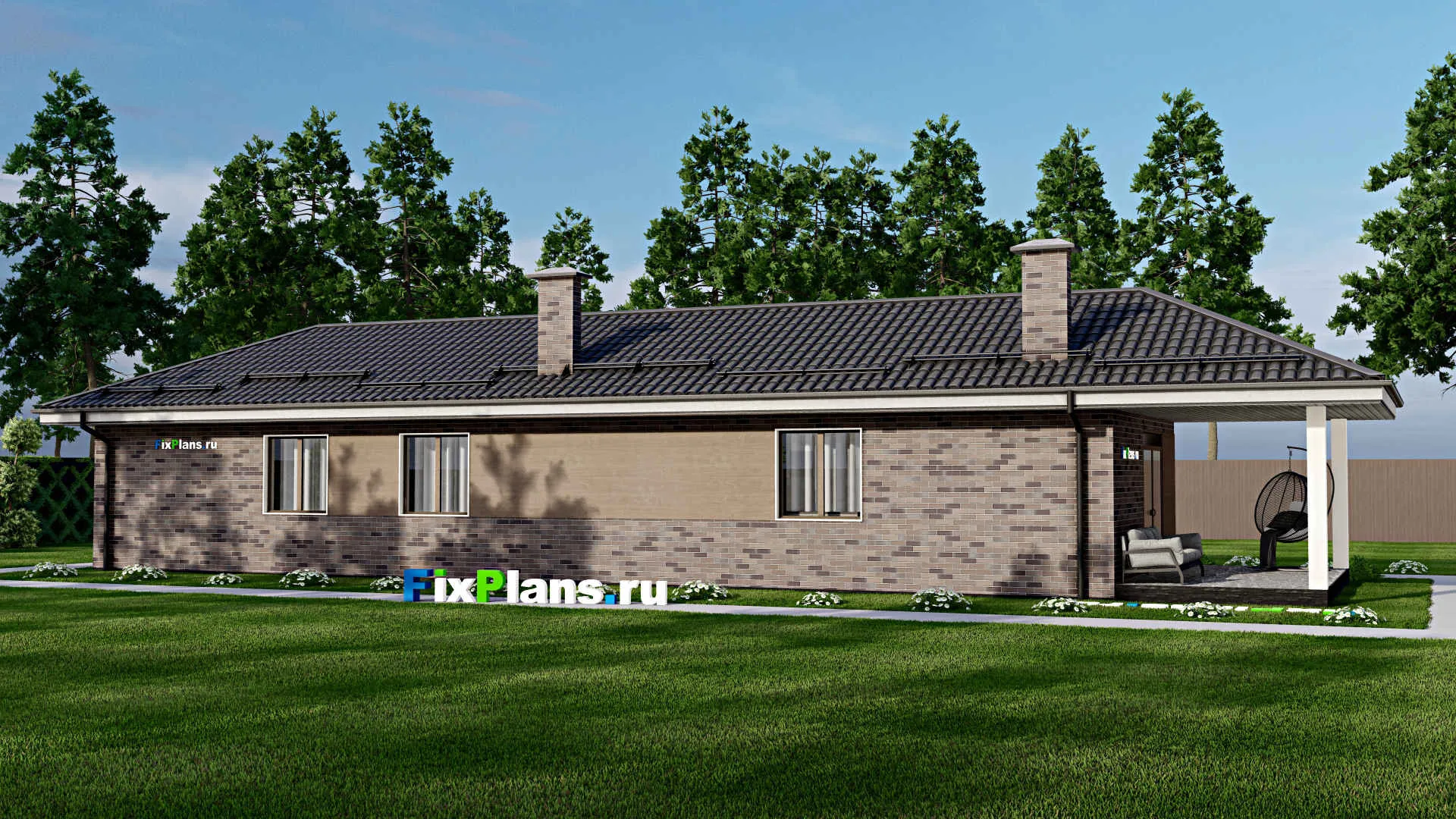 F-4409 - Проект одноэтажного дома 7 на 21, площадью 120 м² с террасой и 3 спальнями