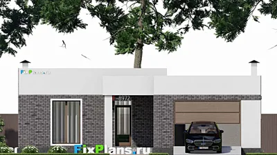 Проект одноэтажного дома 13 на 17, площадью 150 м² с террасой, гаражом на 1 машину и 2 спальнями — фасад 3