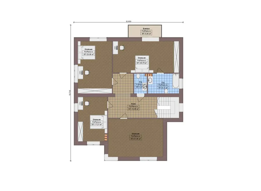 Проект двухэтажного дома 13 на 18, площадью 290 м² с террасой, балконом и 4 спальнями — 2-й этаж