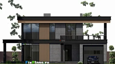 Проект двухэтажного дома 11 на 15, площадью 230 м² с террасой, балконом, гаражом на 1 машину и 3 спальнями — фасад 3