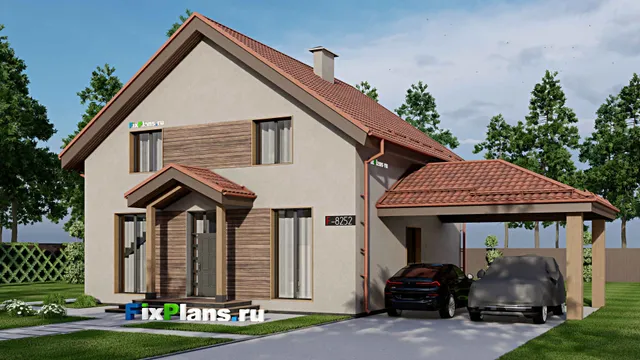 Проект дома с мансардой 11 на 11, площадью 250 м² с террасой, навесом для машины и 5 спальнями