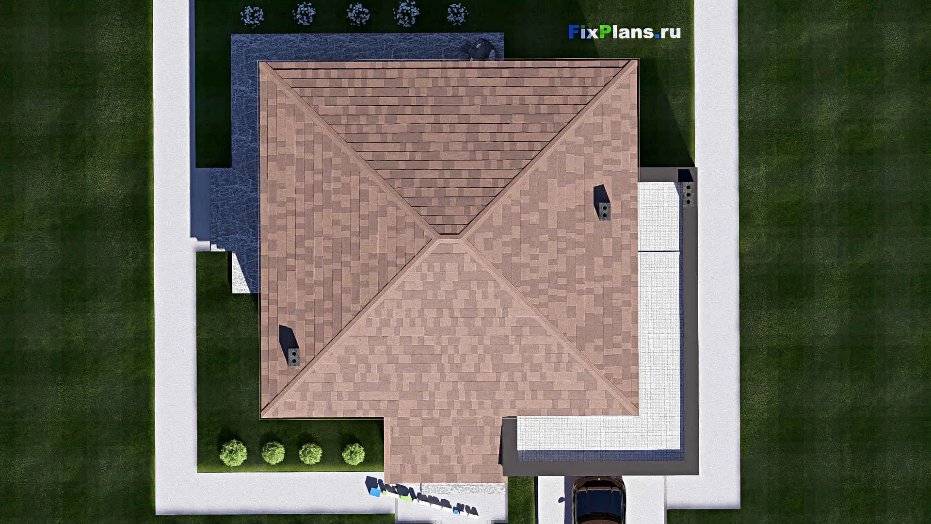 F-18827 - Проект двухэтажного дома 16 на 17, площадью 310 м² с террасой, баней, гаражом на 2 машины и 3 спальнями