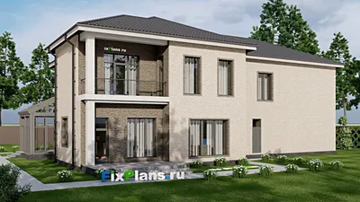 Проект двухэтажного дома 17 на 25, площадью 500 м² с террасой, балконом, гаражом на 2 машины и 4 спальнями — фасад 2