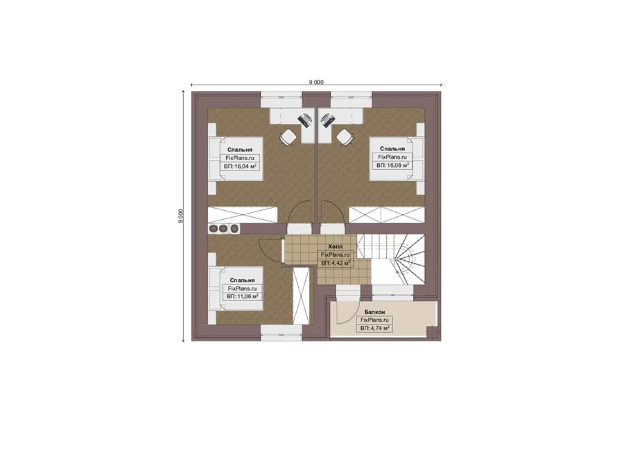 Проект дома с мансардой 9 на 12, площадью 140 м² с террасой, балконом и 3 спальнями — 2-й этаж