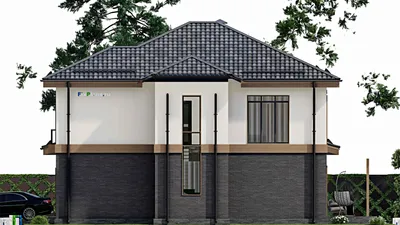 Проект двухэтажного дома 13 на 15, площадью 270 м² с террасой, балконом, гаражом на 2 машины и 5 спальнями — фасад 5
