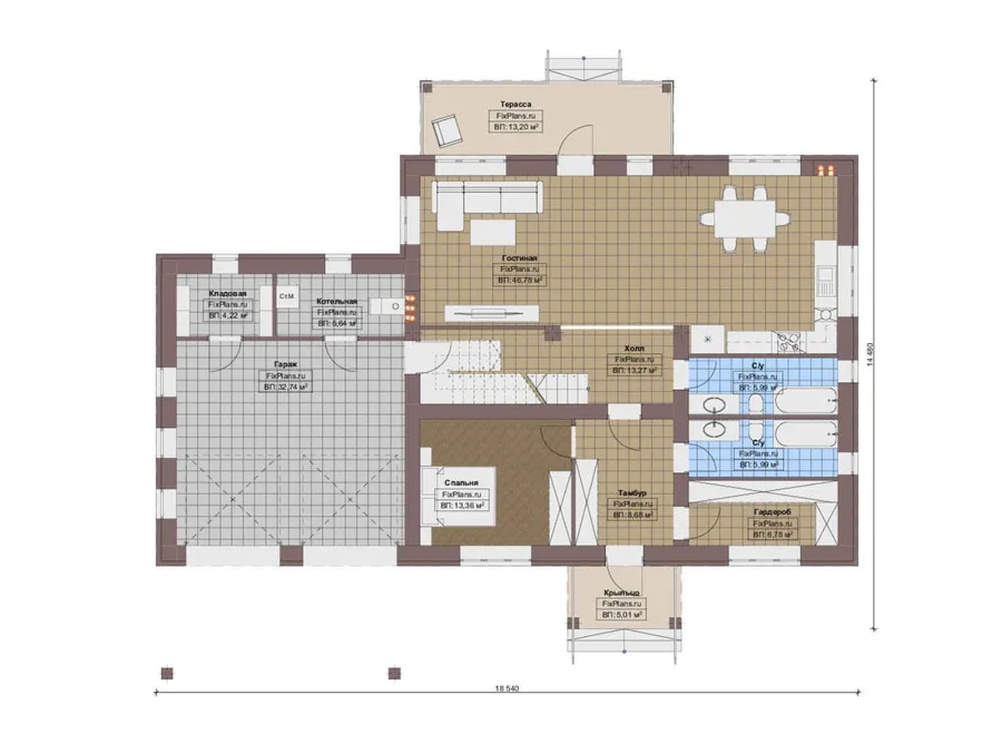 Проект двухэтажного дома 15 на 19, площадью 260 м² с террасой, гаражом на 1 машину и 4 спальнями — 1-й этаж