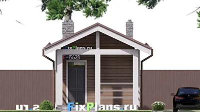 Проект бани 5 на 7, площадью 30 м² с комнатой отдыха и терассой — фасад 3