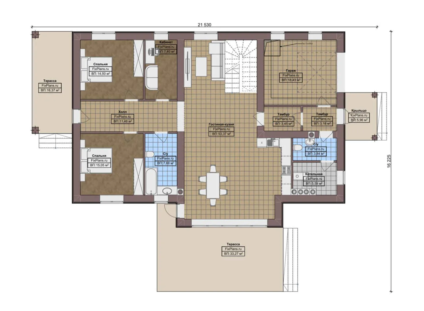 F-8792 - Планы дома с мансардой 17 на 22, площадью 310 м² с террасой, гаражом на 1 машину и 6 спальнями