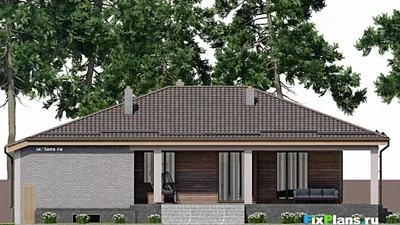 Проект одноэтажного дома 14 на 20, площадью 290 м² с террасой, цокольным этажом, гаражом на 1 машину и 3 спальнями — фасад 6